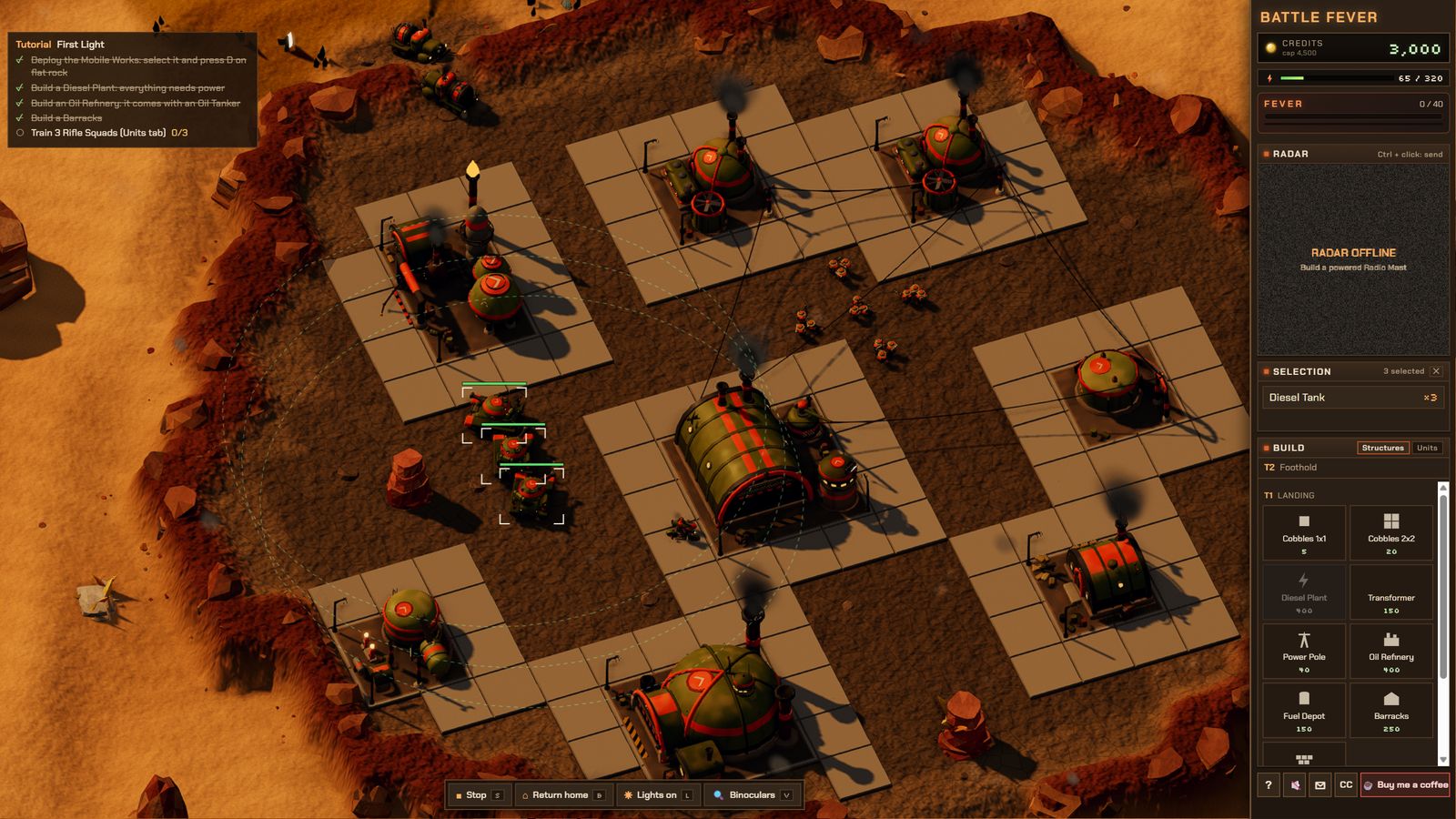 An Iron War base with domed hangars and fuel tanks on cobbled paving