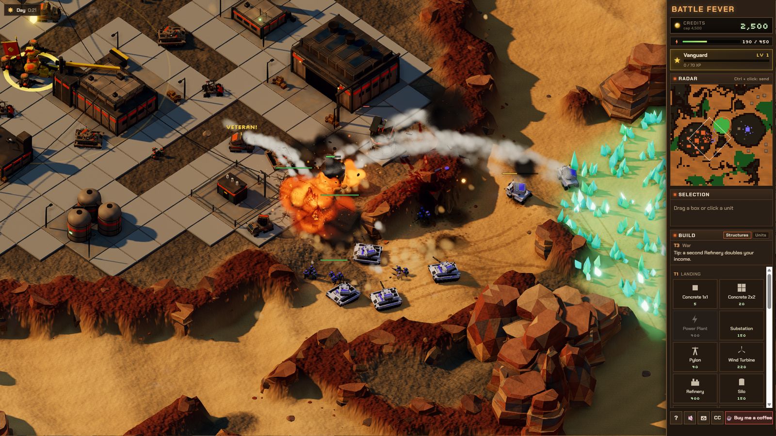 Tanks attack a base defended by towers next to a crystal field