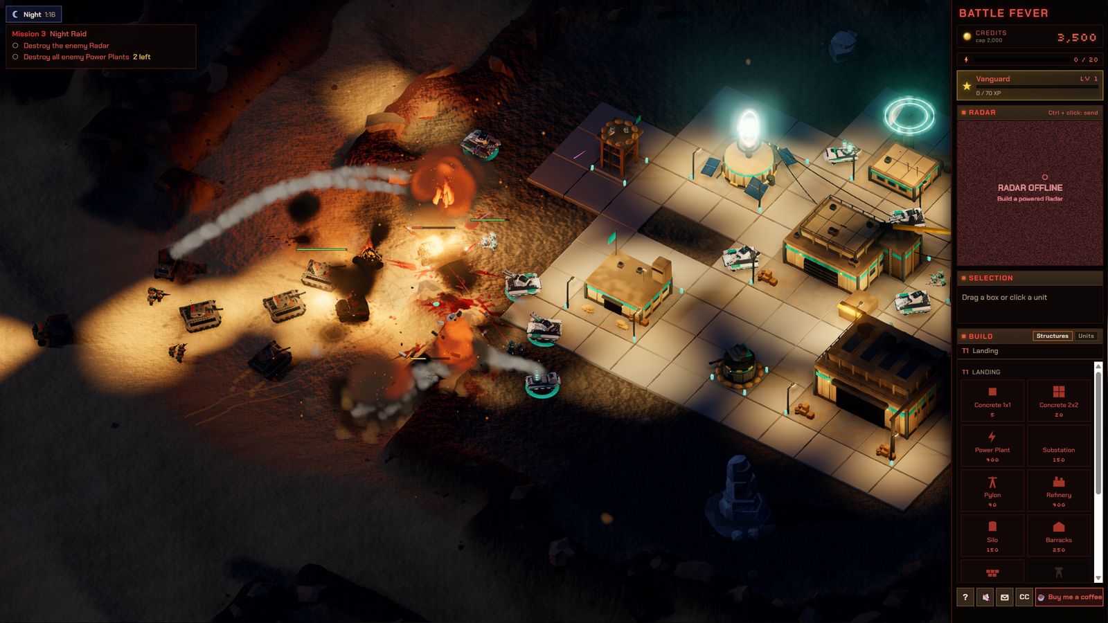A night battle around a lit enemy base with explosions and searchlights
